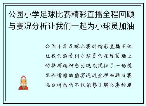 公园小学足球比赛精彩直播全程回顾与赛况分析让我们一起为小球员加油助威 公园小学足球比赛精彩直播全程回顾与赛况分析让我们一起为小球员加油助威